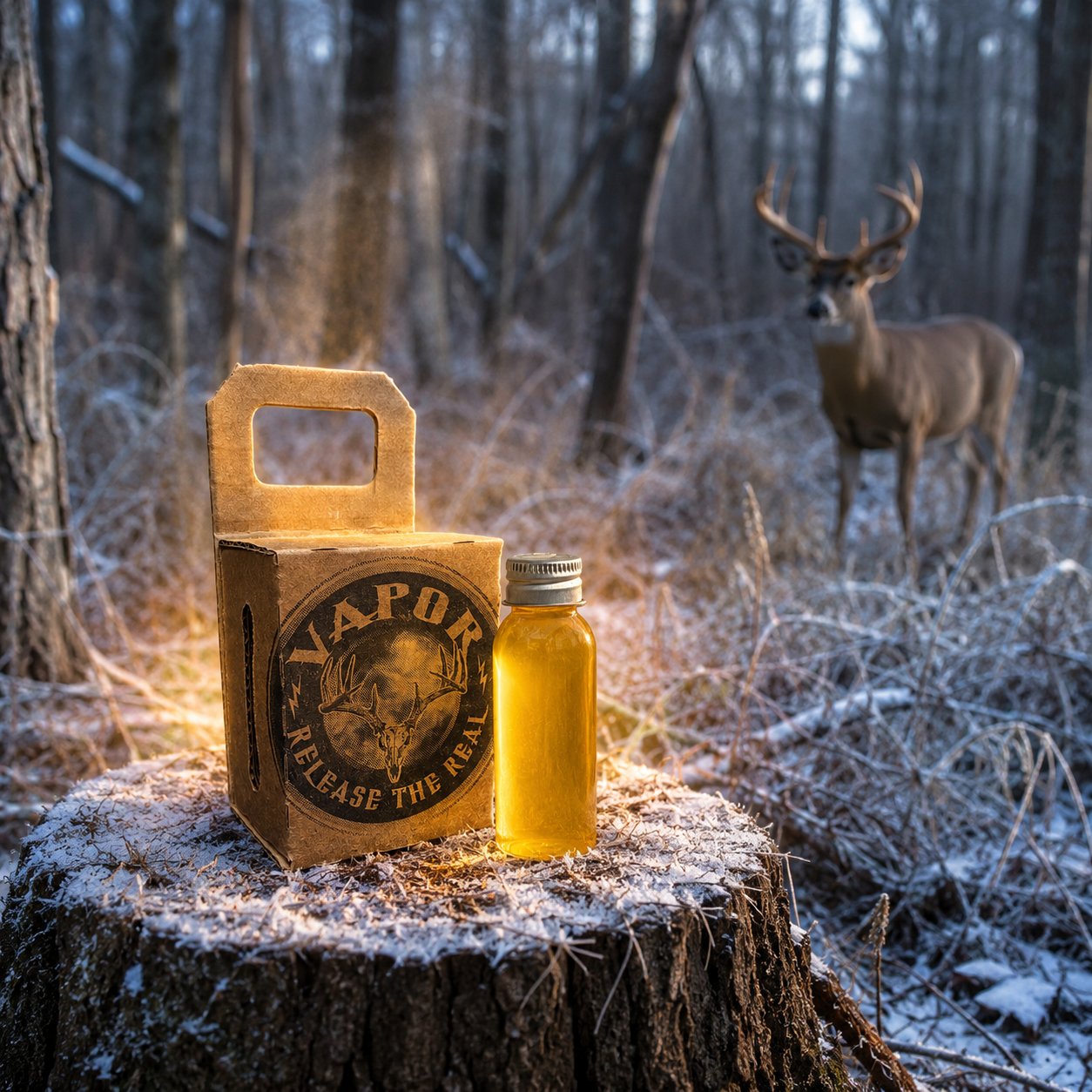 WARM WICK® cold-front visual showing thermal activation of deer signal in snowy woods.