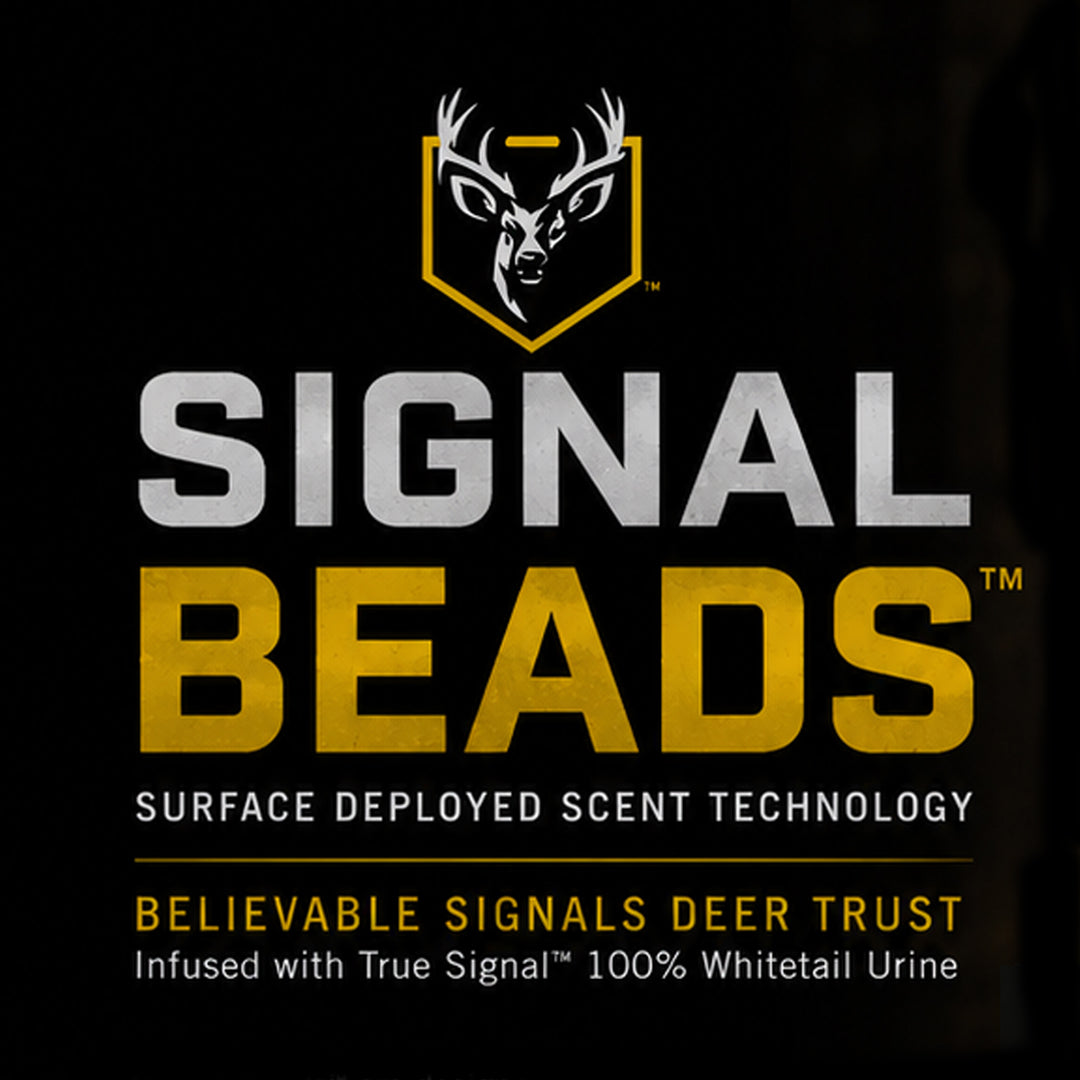 Signal Beads™ surface-deployed scent technology graphic showing believable deer signals infused with True Signal™ whitetail urine.