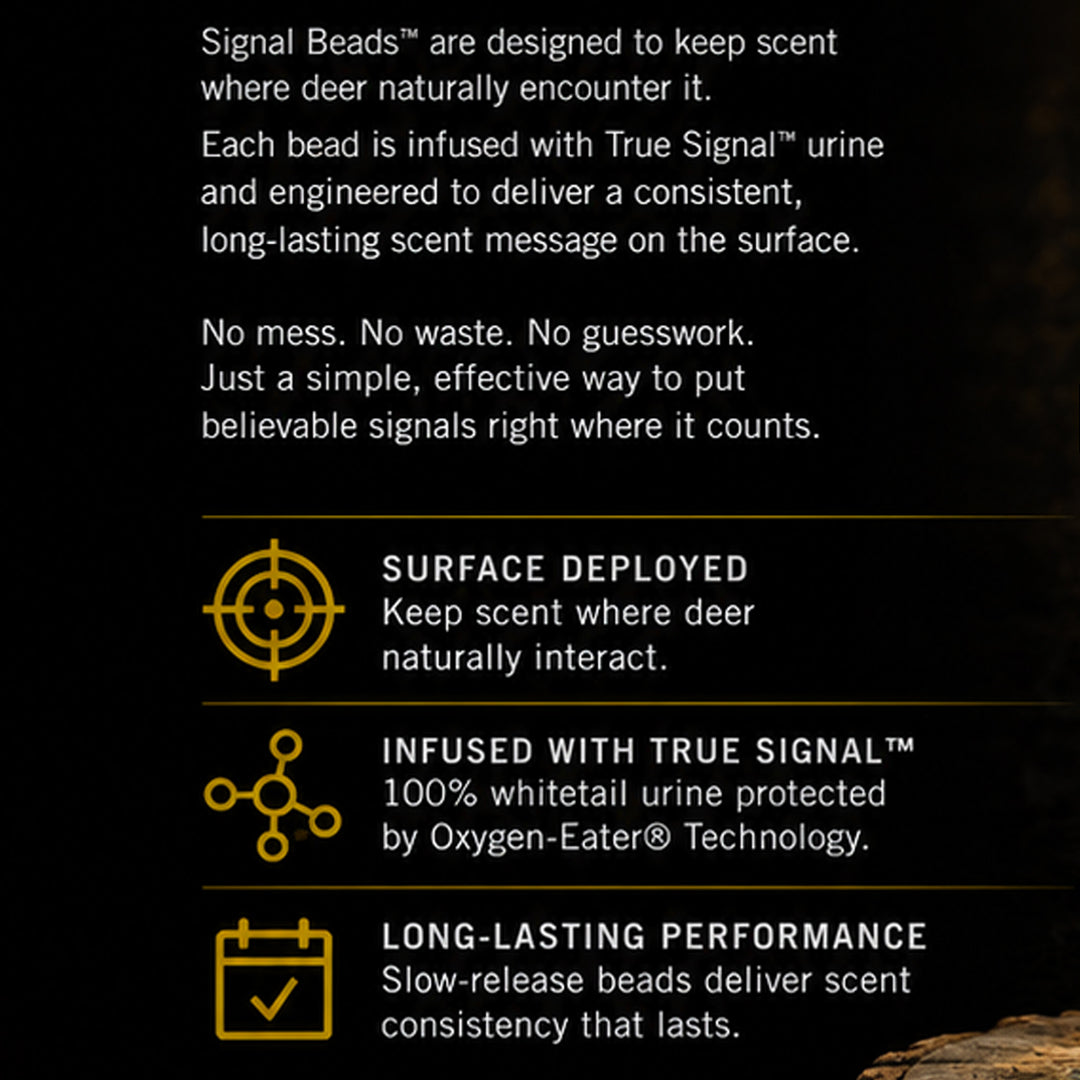 Signal Beads™ feature graphic explaining surface deployment, True Signal™ infusion, Oxygen-Eater® Technology, and long-lasting scent performance.