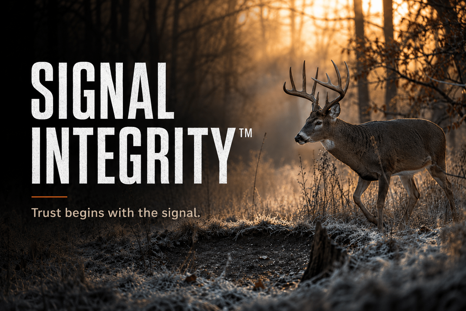 Signal Integrity hero image showing a buck in the woods with the message that trust begins with the signal.