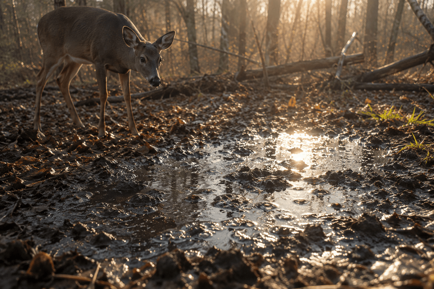 Signal Beads™ woodland visual showing protected deer signal deployed where deer can find and investigate it.