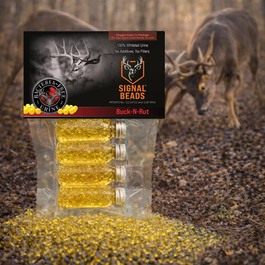 Signal Beads™ Buck-N-Rut dominant buck urine beads for controlled rut pressure and surface-ready deer signal deployment.