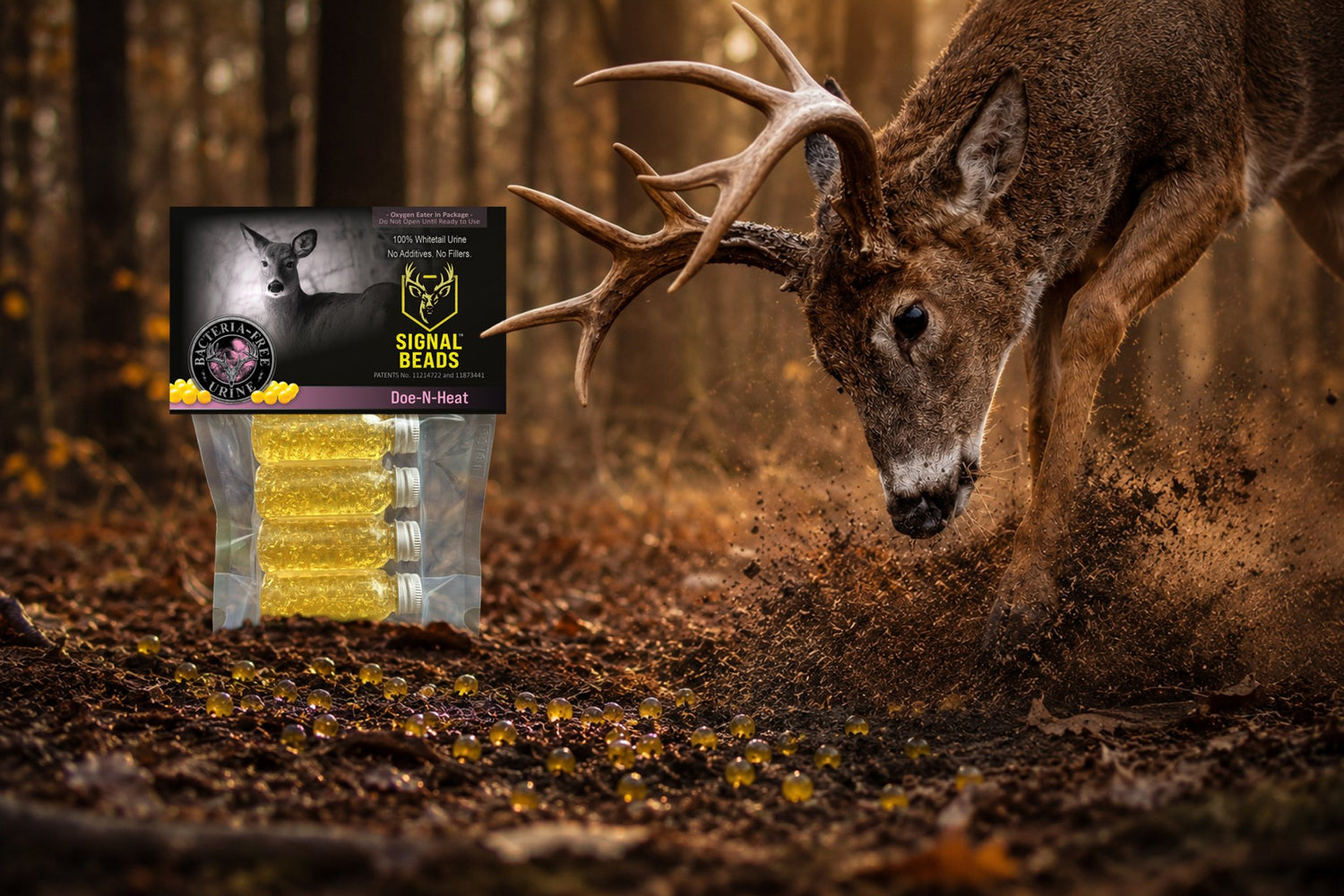 Signal Beads™ field visual showing surface-ready deer signal beads deployed in a natural hunting setup.