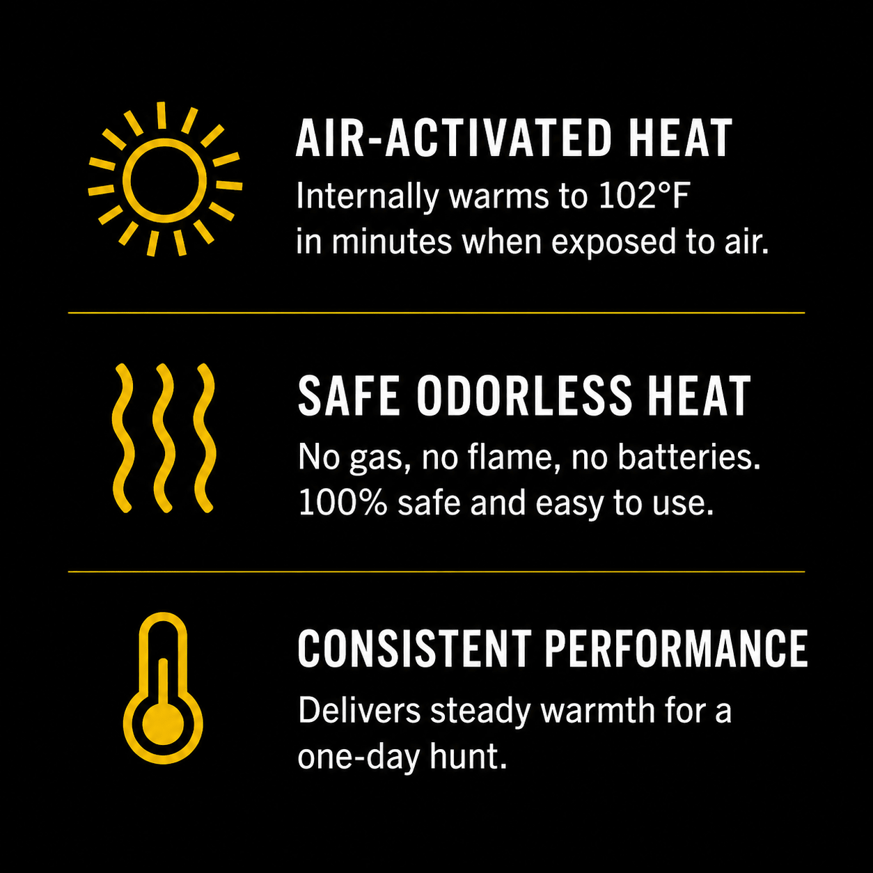 WARM WICK® feature graphic showing air-activated heat, safe odorless warmth, and consistent one-day performance.