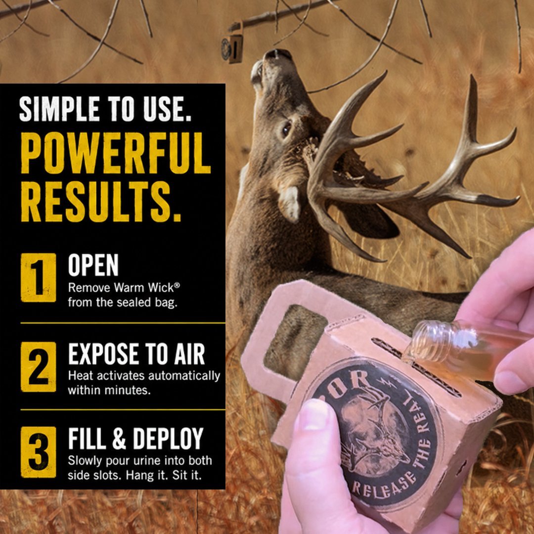 WARM WICK® instruction graphic showing how to open, expose to air, fill, and deploy heated deer scent in the field.