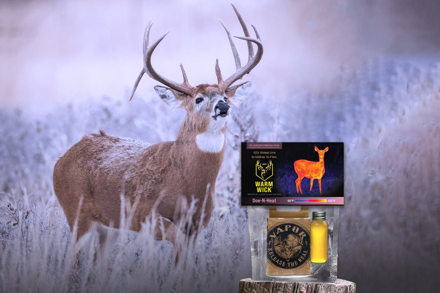 WARM WICK® hero image showing cold-front deer signal activation with product in snowy hunting conditions.